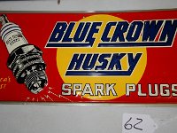 62 - BLUE CROWN HUSKY SPARK PLUGS SIGN, EMBOSSED SST, 9" X 19"