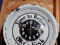 140 - FISK TIRES TIME TO RETIRE PORCELAIN CLOCK SHAPED LIKE A TIRE RIM, MAY HAVE HAD A TIRE AROUND IT AT ONE TIME??