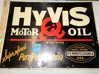 237 - HYVIS MOTOR OIL FLANGE SIGN (FLANGE HAS BEEN STRAIGHTENED), 19" X 28"