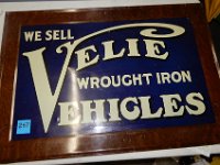 267 - VELIE VEHICLES SELF FRAMED SST SIGN, 26" X 38 (VELIE VEHICLES WERE MADE BY THE GRANDSON OF JOHN DEERE FOR ONLY A FEW YEARS - VERY HARD SIGN TO FIND IN ANY CONDITION, MUCH LESS THIS CONDITION!)