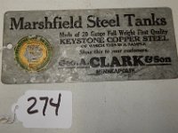 274 - MARSHFIELD STEEL TANKS GALVANIZED TIN SIGN WITH PRICES ON THE BACK SIDE, 4" X 9"
