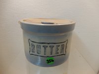 356 - BLUE AND WHITE BUTTER CROCK, MISSING BAIL HANDLE