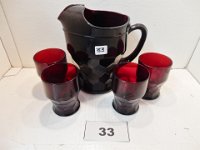 33 - RUBY GLASS PITCHER WITH 4 TUMBLERS