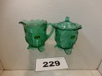 229 - GREEN PATTERN GLASS SUGAR AND CREAMER