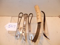 507) KEEN KUTTER HOOF KNIFE, CAN OPENER, & SMALL PRY BAR/COTTER PIN TOOL: & 2 DIAMOND EDGE CAN OPENERS
