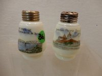 361 - NORTHERN PACIFIC, BISMARCK PICTORIAL SOUVINER CUSTARD GLASS SHAKERS