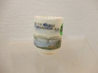 365 - NORTHERN PACIFIC RAILROAD BRIDGE, BISMARCK PICTORIAL SOUVINER CUSTARD GLASS TOOTHPICK HOLDER