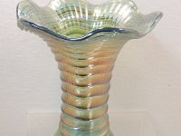 62 - GREEN RIPPLE PATTERN CARNIVAL GLASS VASE